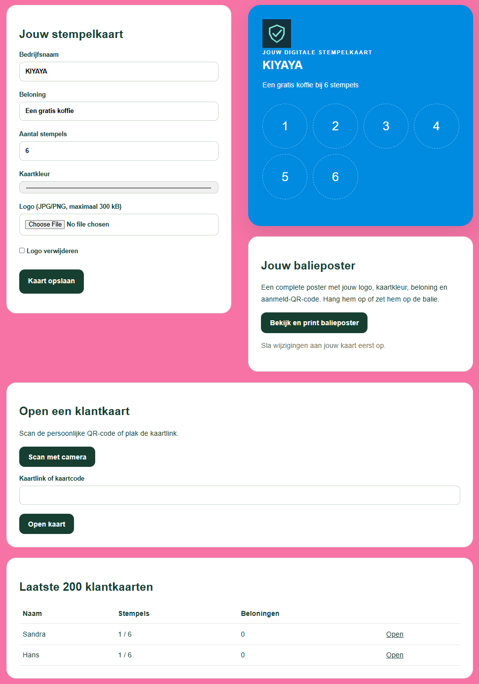 Voorbeeld van het beheerpanel met kaartinstellingen, balieposter en klantenoverzicht